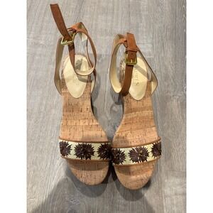Lauren Ralph Lauren‎ Wedges Cork Flower Ankle Strap Heels Sandals Size 10